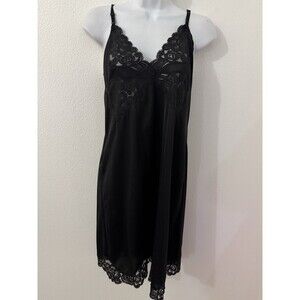 Vintage Chemise Slip Dress Lace Midi Black Nylon Vanity Fair Medium M